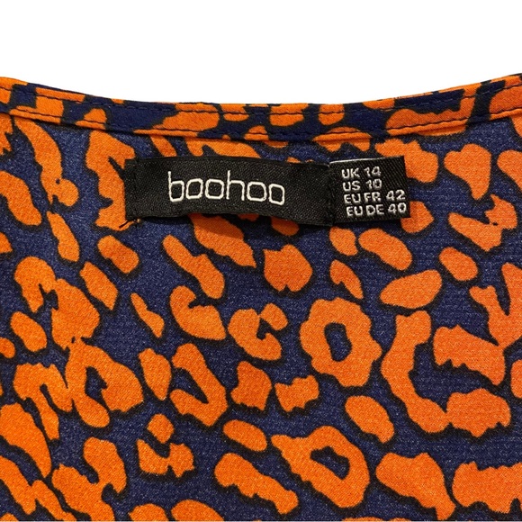 BOOHOO Navy & Orange Ruffled Wrap Dress Half Sleeves Sleek Satiny Short Length - Picture 6 of 15